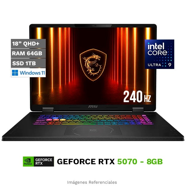 Laptop MSI Crosshair 18 HX AI A2XW, Intel Core Ultra 9 275HX Hasta 5.4 GHz, RAM 64 GB, SSD 1TB, 8GB NVIDIA GeForce RTX 5070, Pantalla LED 18" QHD+ a 240Hz, Windows 11 Home **