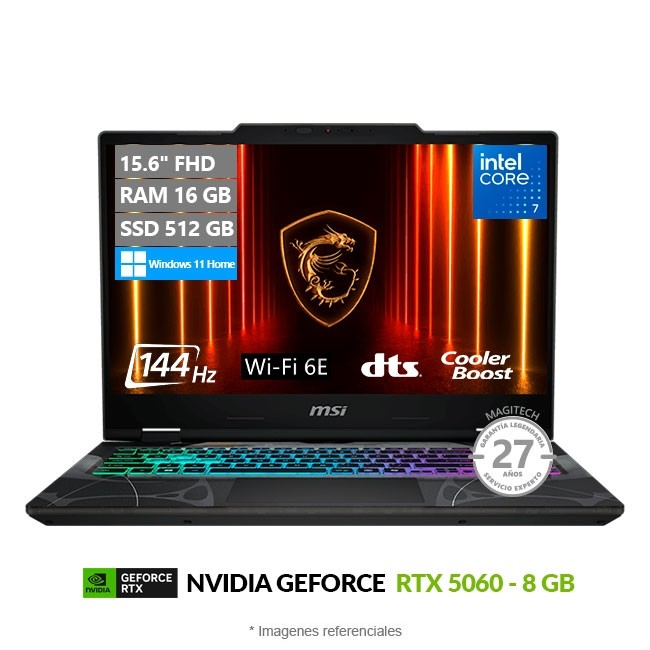 Laptop MSI Cyborg 15 B2RW Gaming, Intel Core 7 240H Hasta 5.2GHz, RAM 16GB, SSD 512GB, 8GB NVIDIA GeForce RTX 5060. LED 15.6" FHD a 144Hz, Windows 11 Home **