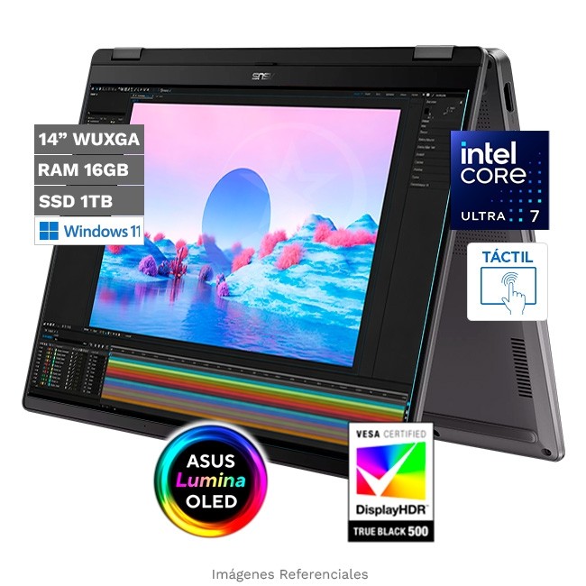 Convertible Asus VivoBook 14 FLIP TP3407SA 2 en 1, Core Ultra 7 256V Hasta 4.8GHz, RAM 16GB, SSD 1TB. Pantalla OLED 14" WUXGA Táctil, Windows 11 Home