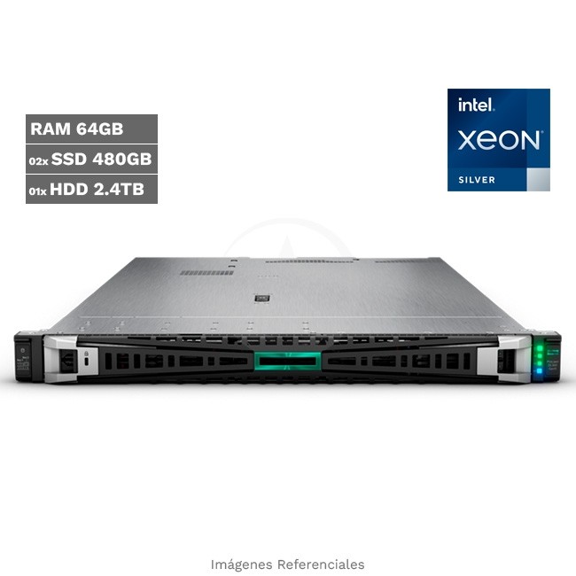 Servidor HPE ProLiant DL360 Gen11 (1U), Intel Xeon Silver 4514Y (16 Núcleos) 2.0 GHz, RAM 64GB-DDR5-ECC, SSD 960GB + HDD 2.4TB, Ethernet 10Gb, Fuente Redundante de 800W + 1