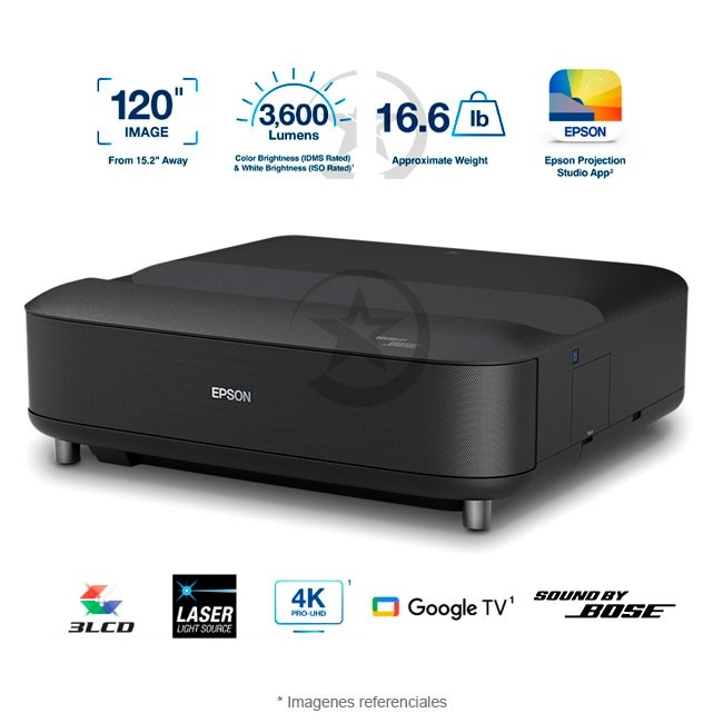 Proyector Láser Epson Lifestudio Grand 4K PRO-UHD, HDR 10, 3600 lúmenes, Tecnología 3LCD de 3 chips, 4K PRO-UHD, Correción por IA, Altavoces Premium Bose, Google TV