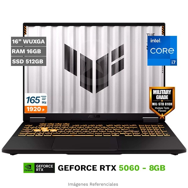 Laptop Asus TUF F16-FX608JHR Gaming, Core i7-14650HX Hasta 5.2 GHz, RAM 16 GB, SSD 512GB, 8GB NVIDIA GeForce RTX 5060, 16" WUXGA a 165Hz **