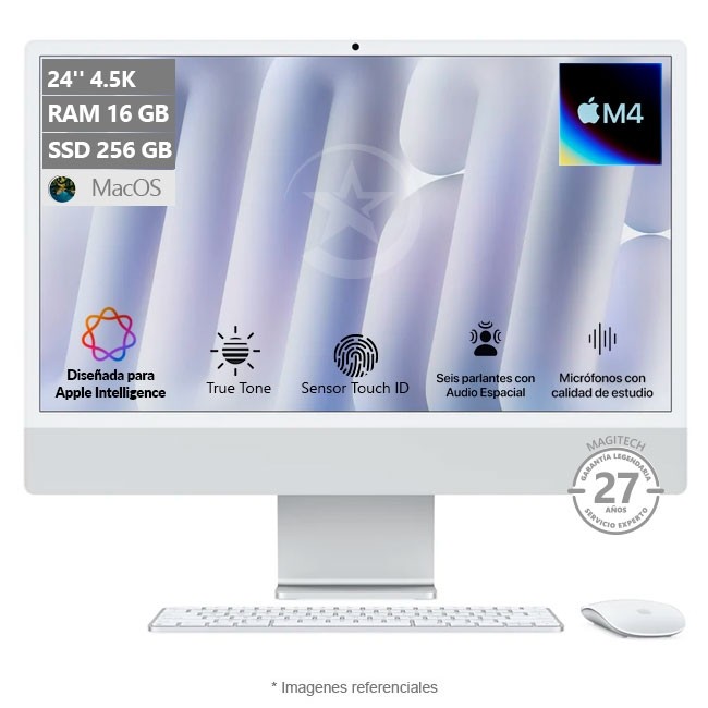PC Apple iMac 24" (4.5K), Chip M4 Hasta 4.4GHz, RAM 16GB, SSD 256GB, Retina 24" de 4.5K TrueTone P3, MacOS
