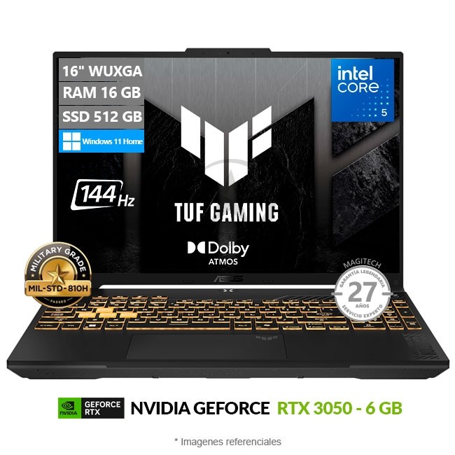 Laptop Asus TUF F16-FX607 Gaming, Intel Core 5 210H Hasta 4.8 GHz, RAM 16GB, SSD 512GB, 6GB NVIDIA GeForce RTX 3050, 16" WUXGA a 144Hz **