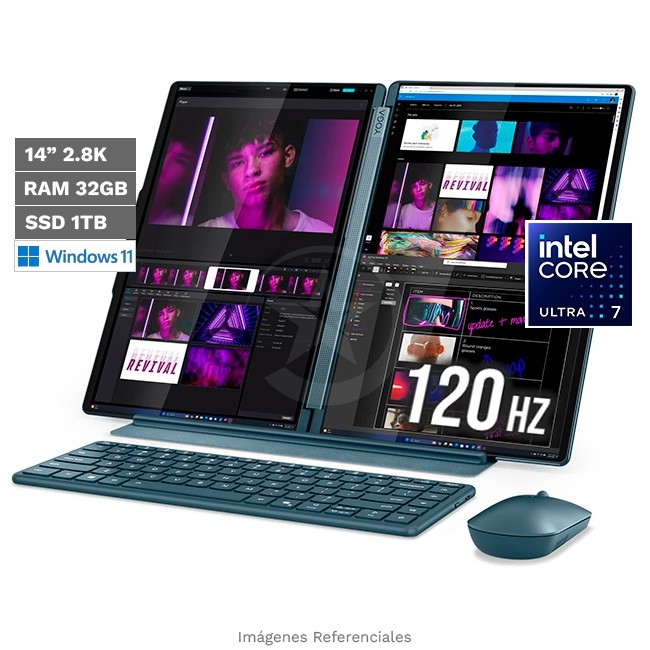Notebook Lenovo Yoga Book 9i (14IAH10), Core Ultra 7 255H Hasta 5.1GHz, RAM 32GB, SSD 1TB, Pantalla Dual OLED 14" 2.8K Táctil, 120 Hz, Windows 11 Home