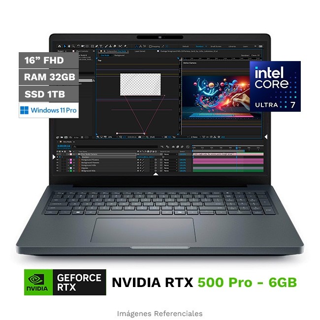 Laptop Workstation Dell Pro Max 16, Core Ultra 7 265H Hasta 5.3 GHz, RAM 32 GB, SSD 1TB, 6 GB NVIDIA RTX Pro 500 Blackwell, LED 16" WUXGA, Windows 11 Pro