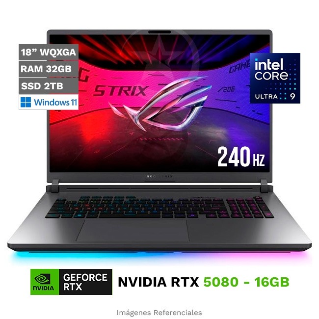Laptop Asus ROG Strix G18 G815LW Gaming, Intel Core Ultra 9 Hasta 5.4 GHz, RAM 32GB, SSD 2TB, 16GB NVIDIA GeForce RTX 5080, LED 18" IPS 2.5K de 240Hz 100% DCI-P3, Windows 11 Home **