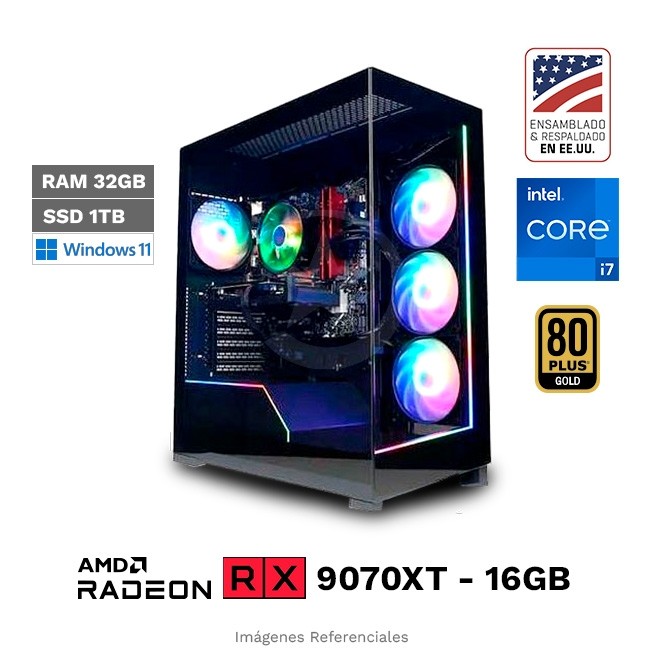 PC CyberPower Raptor X, Intel Core i7-14700F Hasta 5,4 GHz, RAM 32GB, SSD 1TB, 16 GB AMD Radeon RX 9070 OC, 750W Gold, Sistema de enfriamiento MaxChill, Wi-Fi 6, Windows 11 Home