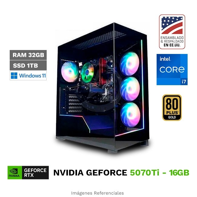PC CyberPower Vanguard, Intel Core i7-14700F Hasta 5,4 GHz, RAM 32GB, SSD 1TB, 16GB NVIDIA GeForce RTX 5070Ti, 850W Gold, Sistema de enfriamiento MaxChill, Wi-Fi 6, Windows 11 Home