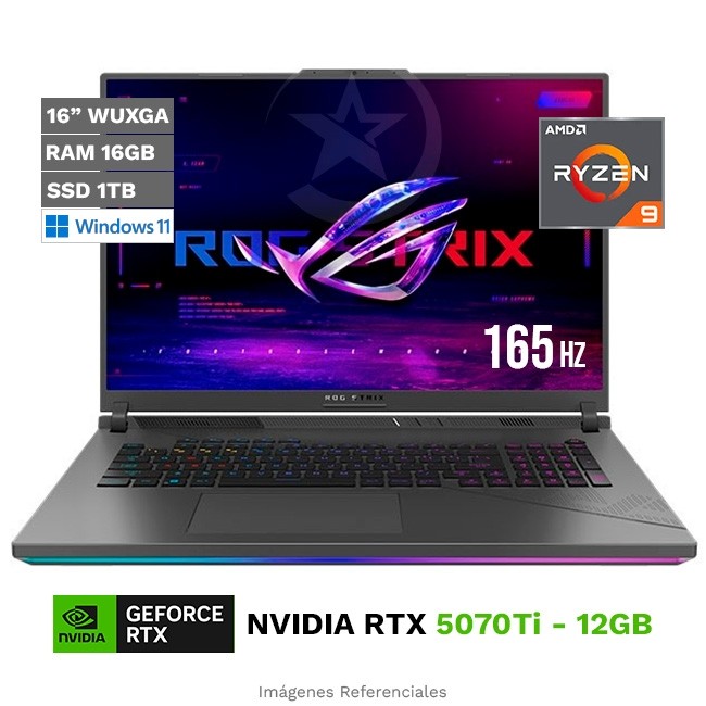 Laptop Asus ROG Strix G16 G614PP-WH Gaming, AMD Ryzen 9 8940HX Hasta 5.3 GHz, RAM 16GB, SSD 1TB, 12 GB NVIDIA GeForce RTX 5070Ti, LED 16" IPS WUXGA a 165Hz 100% DCI-P3, Windows 11 Home **