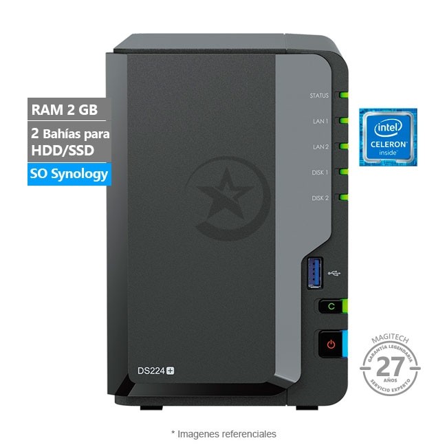 Servidor Synology NAS DS224+, Intel Celeron J4125 Hasta2.7 GHz, RAM 2GB-DDR4, 2 Bahias, 2 puerto RJ-45 1GbE Lan