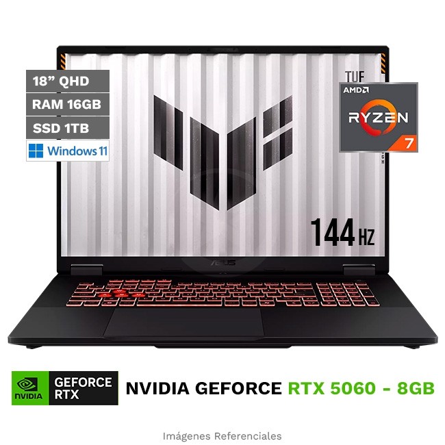 Laptop Asus TUF Gaming A18 FA808UH-RS74, Ryzen 7 260 Hasta 5.1GHz, RAM 16GB, SSD 1TB, 8GB NVIDIA GeForce RTX 5060, LED 18? WUXGA, 144Hz, Windows 11 Home **