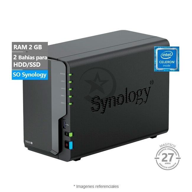 Servidor NAS Synology DiskStation DS225+, Intel Celeron J4125 Hasta 2.7 GHz, RAM 2GB-DDR4, 2 Bahias, 2 puerto RJ-45 1GbE LAN