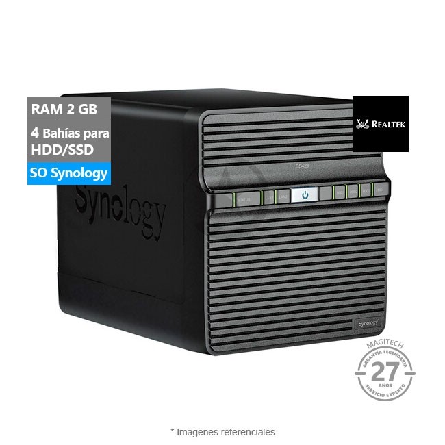Servidor Synology NAS DS423, Procesador Realtek RTD1619B 1.7 GHz 64 Bits, RAM 2GB-DDR4, 4 Bahias, 2 puerto RJ-45 1GbE Lan