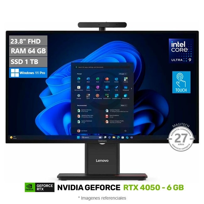 PC Lenovo Todo en Uno ThinkCentre M90a Gen 6, Core Ultra 9 285 Hasta 5.6 GHz, RAM 64GB, SSD 1TB, 6 GB NVIDIA RTX 4050, LED 23.8" FHD, Touchscreen a 120Hz, W11P