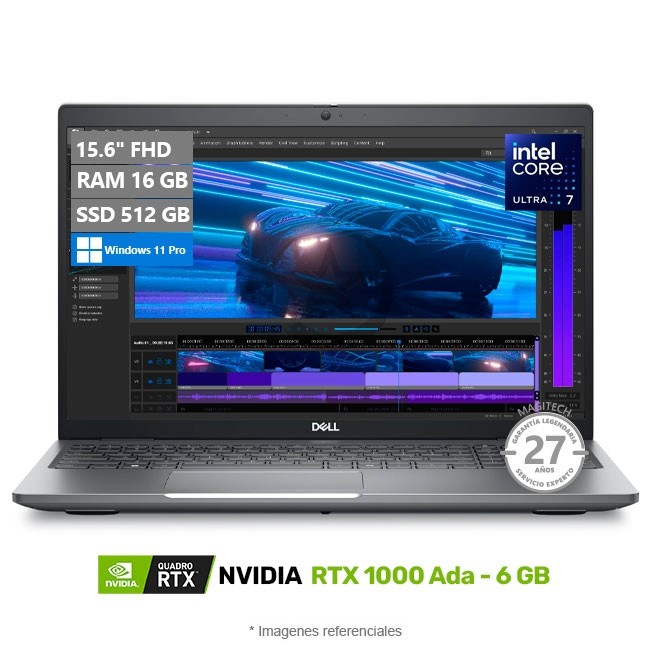 Laptop Workstation DELL Precision 3591, Intel Core Ultra 7 165H Hasta 5.0 GHz, RAM 16GB, SSD 512GB, 6GB NVIDIA RTX 1000 ADA, LED 15.6" FHD, Windows 11 Pro