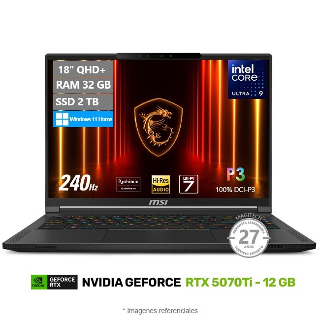 Laptop MSI Stealth 18 HX AI, Core Ultra 9 275HX, RAM 32GB, SSD 2TB, 12GB NVIDIA GeForce RTX 5070Ti, LED 18? QHD+ a 240HZ, 100% DCI-P3, Windows 11 Pro **