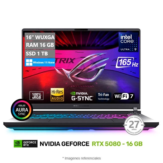 Laptop Asus ROG Strix G16 - G615LW Gaming, Intel Core Ultra 9 275HX Hasta 5.4 GHz, RAM 32 GB, SSD 1TB, 16GB NVIDIA RTX 5080, LED 16" IPS FHD+ de 165Hz 100% sRGB, G-Sync, Windows 11 Home **
