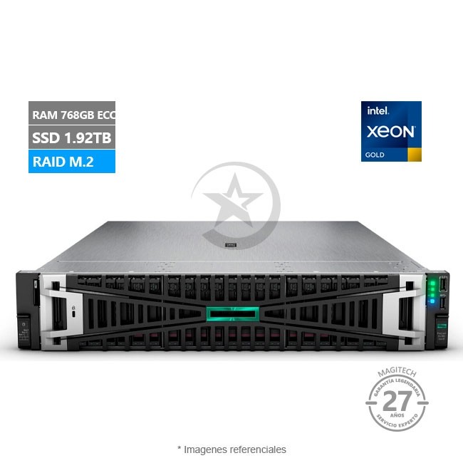 Servidor HPE ProLiant DL380 Gen11 (2U), doble procesador Intel Xeon Gold 5418Y (48 Núcleos), RAM 768GB-DDR5-ECC, SSD 1.92 TB, Ethernet 10Gb, Fuente Redundante de 1000W (1+1)