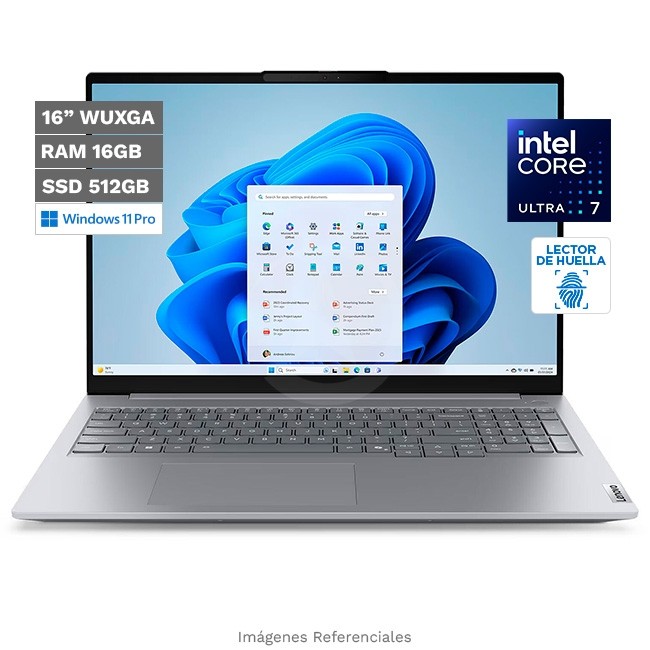 Laptop Lenovo ThinkBook 16 G8 IAL, Intel Core Ultra 7 255U Hasta 5.1 GHz, RAM 16GB, SSD 512GB, LED 16" WUXGA, Windows 11 Pro