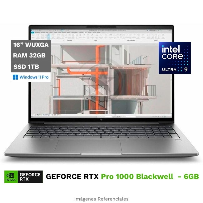Laptop Workstation HP ZBook X G1i de 16'', Intel Core Ultra 9 285H Hasta 5,4 GHz, RAM 32GB, SSD 1TB, 8GB NVIDIA RTX Pro 1000, LED 16" WUXGA, sRGB, Windows 11 Pro