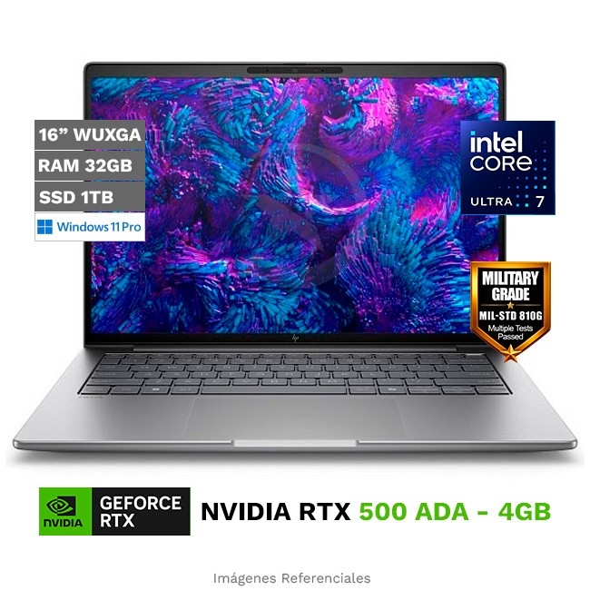 Laptop Workstation HP ZBook 8 G1i 16, Intel Core Ultra 7 255H Hasta 5,1 GHz, RAM 32GB, SSD 1TB, 4GB NVIDIA RTX 500 ADA, LED 16" WUXGA, Windows 11 Pro