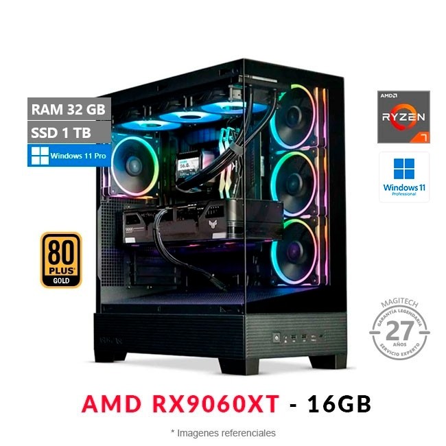 PC MAGIC Nova Studio Pro, AMD Ryzen 7 9800X3D Hasta 5.2 GHz, RAM 32GB, SSD 1TB, 16GB AMD Radeon RX9060XT, Wi-Fi 7, Windows 11 Pro