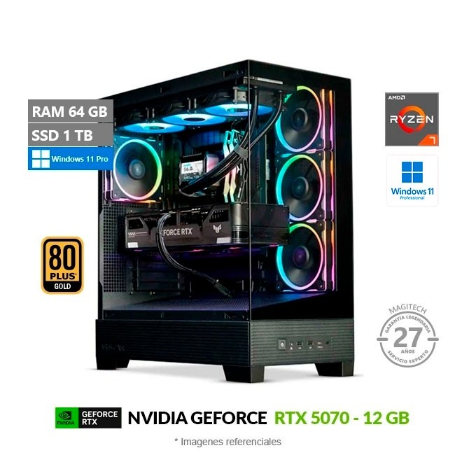 PC MAGIC Rendercraft Pro, Ryzen 7 9800X3D Hasta 5.2 GHz, RAM 64GB, SSD 1TB, NVIDIA GeForce RTX 5070 de 12GB, Wi-Fi, Windows 11 Pro