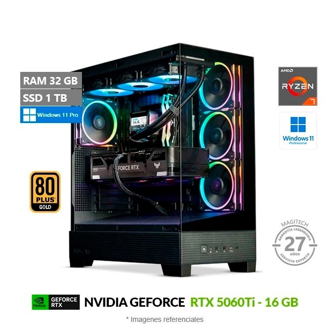 PC MAGIC Maxframe Pro, Ryzen 7 9800X3D Hasta 5.2 GHz, RAM 32GB, SSD 1TB, NVIDIA GeForce RTX 5060Ti de 16GB, Windows 11 Pro