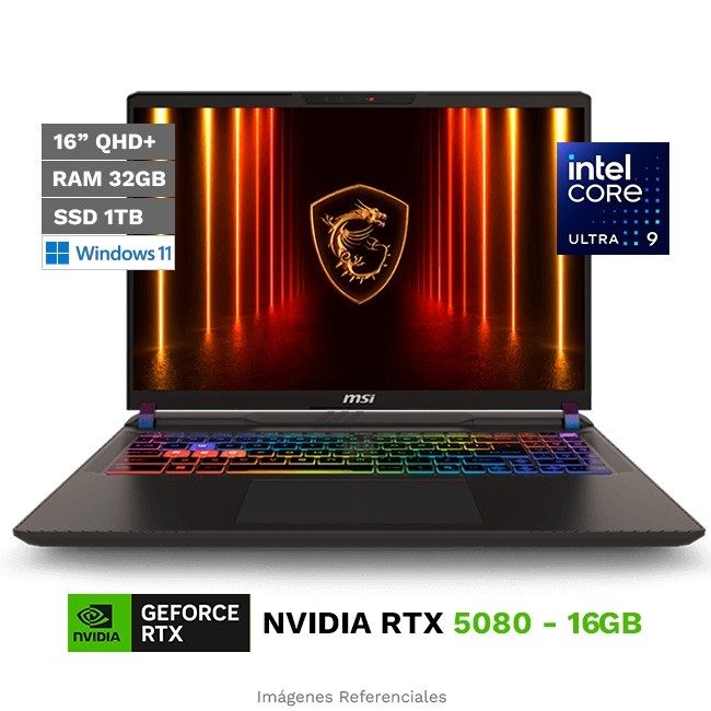 Laptop MSI Vector 16 HX AI, Core Ultra 9 275HX Hasta 5.4 GHz, RAM 32GB, SSD 1TB, NVIDIA GeForce RTX 5080 de 16GB, LED 16" QHD+ 2.5K a 240Hz, Windows 11 Home **