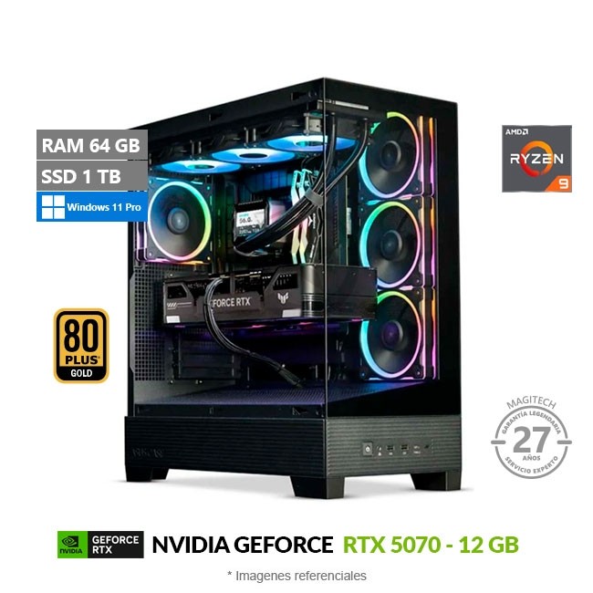 PC MAGIC Powerflow Pro, Ryzen 9 9950X3D Hasta 5.7 GHz, RAM 64GB, SSD 1TB, NVIDIA GeForce RTX 5070 de 12GB, Wi-Fi 7, Windows 11 Pro
