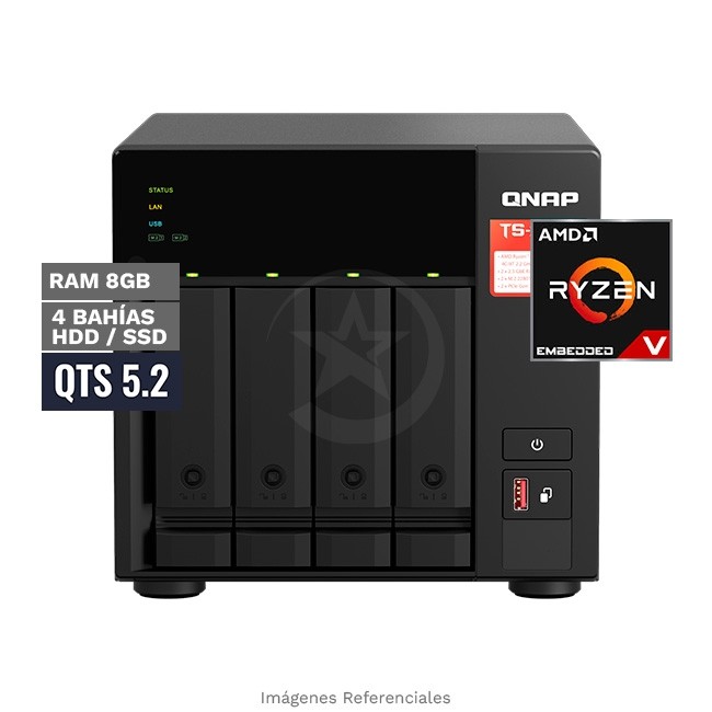 Servidor NAS QNAP TS-473A-8G, AMD Ryzen Embedded V1500B 4C/8T a 2.2 GHz, RAM 8GB DDR4 SODIMM, 4 Bahías HDD/SSD SATA + 2 PCIe M.2, 2 Puertos RJ-45 2.5GbE LAN