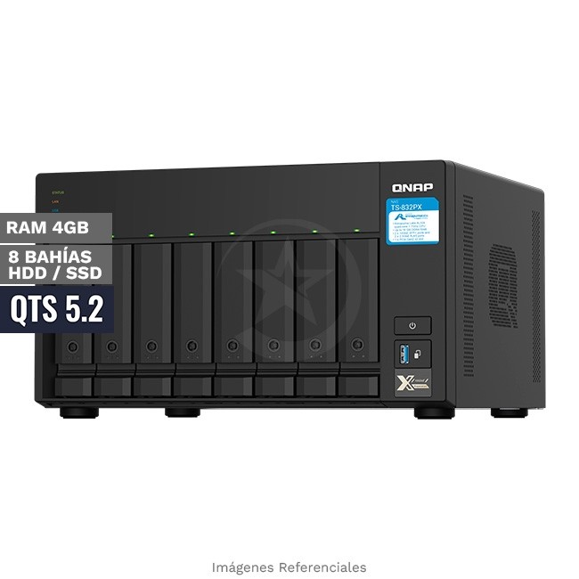Servidor NAS QNAP TS-832PX-4G, AnnapurnaLabs Alpine AL324 ARM Cortex-A57 Quad-Core 1.7 GHz, 4GB RAM SODIMM DDR4, 8 Bahías 3.5" SATA, 2x LAN 2.5GbE + 2x 10GbE SFP+