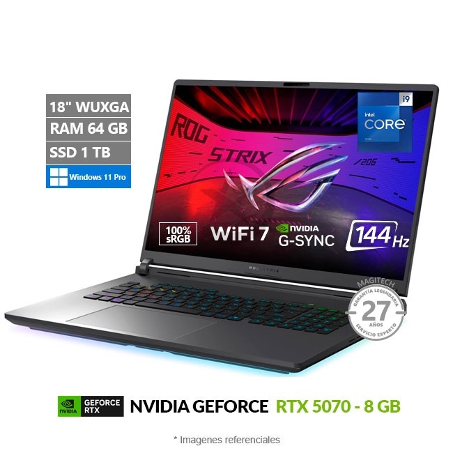 Laptop Asus ROG Strix G18 G815JPR Gaming, Intel Core i9-14900HX Hasta 5.8 GHz, RAM 64GB, SSD 1TB, 8GB NVIDIA GeForce RTX 5070, LED 18" IPS WUXGA de 144Hz, Windows 11 Pro **