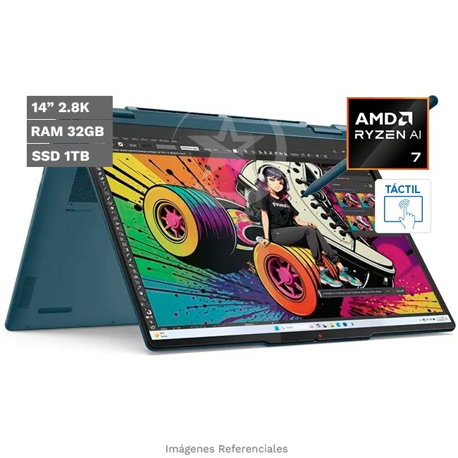 Convertible Lenovo Yoga 7 14AKP10 (14") 2-en-1, AMD Ryzen AI 7-350 Hasta 5.0 GHz, RAM 32GB, SSD 512GB, LED 14" 3K OLED Touchscreen a 120Hz
