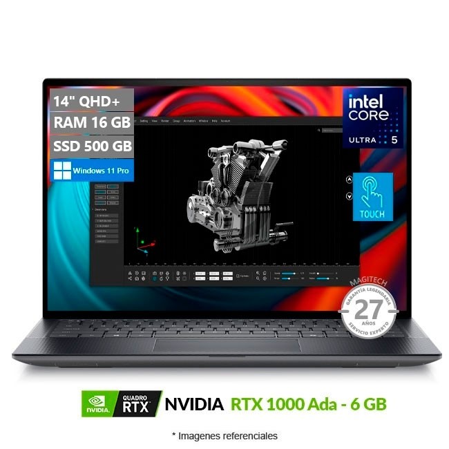 Laptop Workstation Dell Precision 5490, Core Ultra 5 135H Hasta 4.6 GHz, RAM 16GB, SSD 500GB, 6GB NVIDIA RTX 1000 ADA, LED 14" Táctil QHD+, Windows 11 Pro