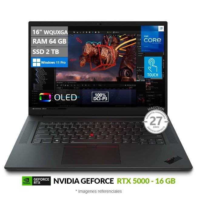 Laptop Lenovo ThinkPad P1 Gen 6, Intel Core i9-13900H Hasta 5.4 GHz, RAM 64GB, SSD 2TB, 16GB NVIDIA RTX 5000 ADA, 16" WQUXGA, OLED, 100%DCI-P3, Touchscreen, Windows 11 Pro