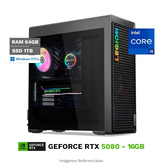 PC Lenovo Legion Tower T7 34IRZ8 Gaming, Core i9-13900KF Hasta 5.8 GHz, RAM 64GB, SSD 1TB, 16 GB NVIDIA GeForce RTX 5080, Fuente 1200W, Windows 11 Pro (Power Bundle)