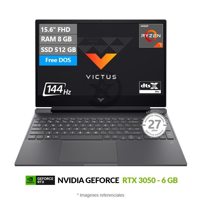 Laptop HP Victus 15-FB3019LA Gaming, AMD Ryzen 7 7445HS Hasta 4.7 GHz, RAM 8GB, SSD 512GB, 6GB NVIDIA GeForce RTX 3050, LED 15.6" FHD a 144Hz, Free DOS **