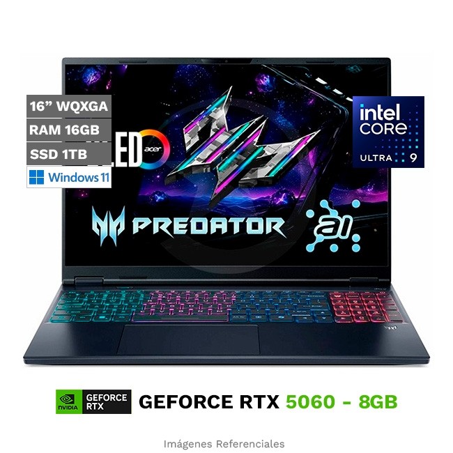 Laptop Acer Predator Helios NEO 16 AI PHN16S-71, Core Ultra 9 275HX Hasta 5.4 GHz, RAM 16GB, SSD 1TB, 8GB NVIDIA RTX 5060, Pantalla OLED 16'' WQXGA a 240Hz, Windows 11 Home **