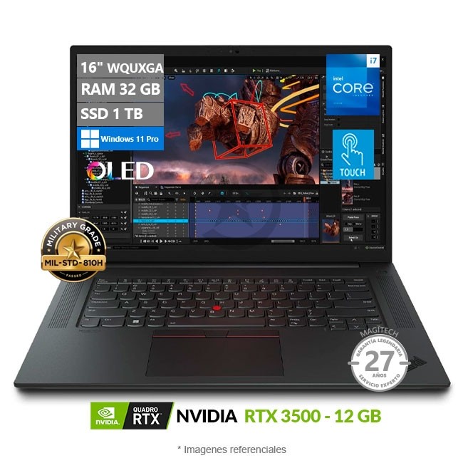 Laptop Lenovo ThinkPad P1 Gen 6, Core i7 13800H Hasta 5.2 GHz, RAM 32GB, SSD 1TB, 12GB NVIDIA RTX 3500, OLED 16" 4K Touch, Windows 11 Pro