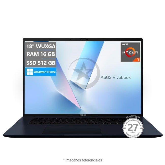 Laptop Asus Vivobook 18 M1807, AMD Ryzen 7 260 Hasta 5.1 GHz, RAM 16GB, SSD 512GB, 18" WUXGA, 144Hz, Windows 11 Home **
