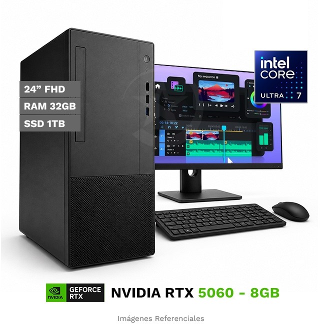PC MAGIC Ai Creative, Intel Core Ultra 7 265 Hasta 5.3 GHz, RAM 32GB, SSD 1TB, 8GB NVIDIA GeForce RTX5060, Monitor LED 24'' FHD a 100 Hz, Wi-Fi, PSU 650W Gold