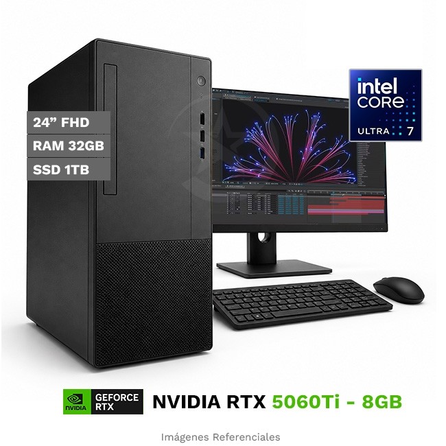 PC MAGIC Ai Inspire Pro, Intel Core Ultra 7 265 Hasta 5.3 GHz, RAM 32GB, SSD 1TB, 8GB NVIDIA GeForce RTX5060Ti, Monitor LED 24'' FHD a 100 Hz, Wi-Fi, PSU 650W Gold