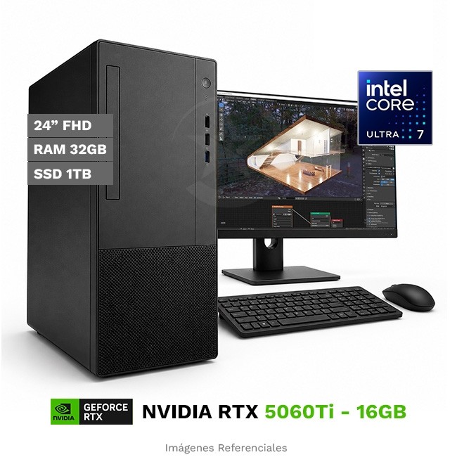 PC MAGIC Ai Vision, Intel Core Ultra 7 265 Hasta 5.3 GHz, RAM 32GB, SSD 1TB, 16GB NVIDIA GeForce RTX 5060Ti, Monitor LED 24'' FHD a 100 Hz, Wi-Fi, PSU 850W Gold