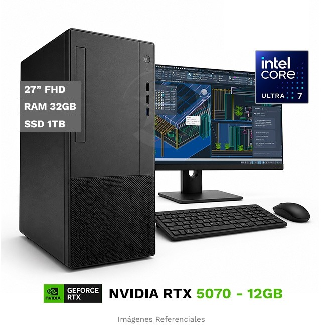 PC MAGIC Ai Creator X, Intel Core Ultra 7 265 Hasta 5.3 GHz, RAM 32GB, SSD 1TB, 12GB NVIDIA GeForce RTX 5070, Monitor LED 27'' FHD a 100 Hz, Wi-Fi, PSU 850W Gold