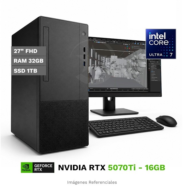 PC MAGIC Ai Design X, Intel Core Ultra 7 265 Hasta 5.3 GHz, RAM 32GB, SSD 1TB, 16GB NVIDIA GeForce RTX 5070Ti, Monitor LED 27'' FHD a 100 Hz, Wi-Fi, PSU 850W Gold