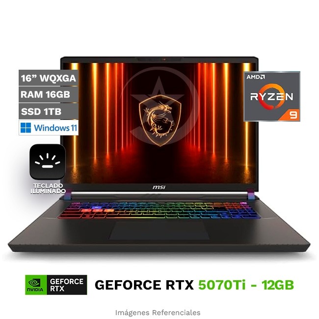 Laptop MSI Vector 16 HX Gaming, Ryzen 9-8940HX Hasta 5.3 GHz, RAM 16GB, SSD 1TB, NVIDIA RTX 5070 Ti de 12GB, LED 16" 2.5K a 240Hz, Windows 11 Home **
