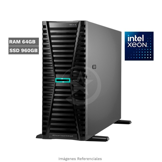 Servidor HP ProLiant ML350 Gen12 Torre (4U), Intel Xeon 6505P (12 Núcleos), RAM 64GB-DDR5-ECC, 01x SSD 960GB Hot-Plug, LAN Gigabit. Fuente Redundante 2x 800W