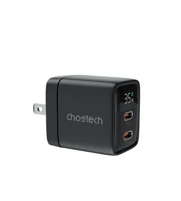 Cargador de pared GaN, 2 puertos USB-C de 35W con pantalla, Negro - CHOETECH | PD6051-US-BK